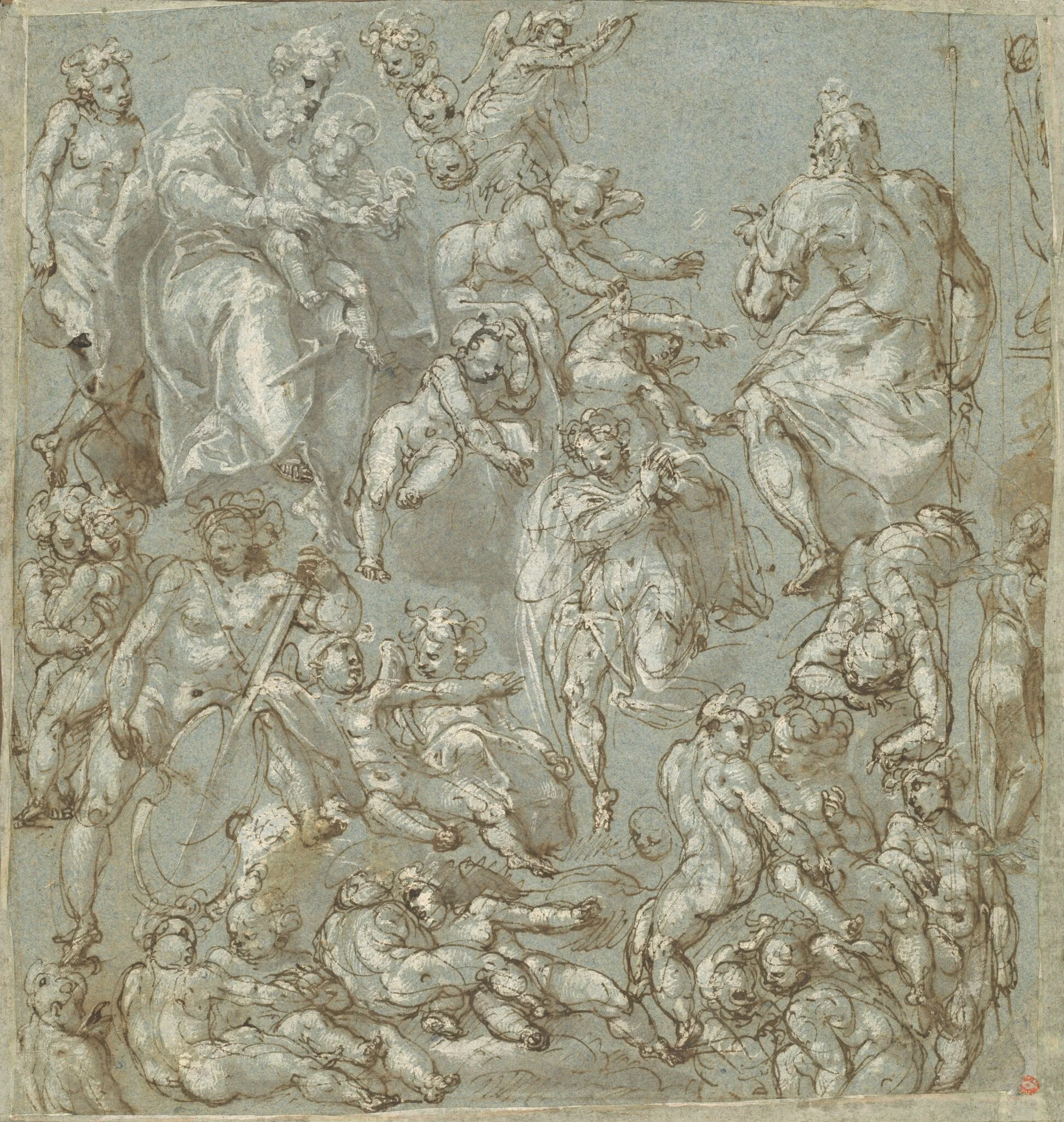 Saint Joseph and the Christ Child with Angels and Putti, by Cesare Pollini, ink, 1595
