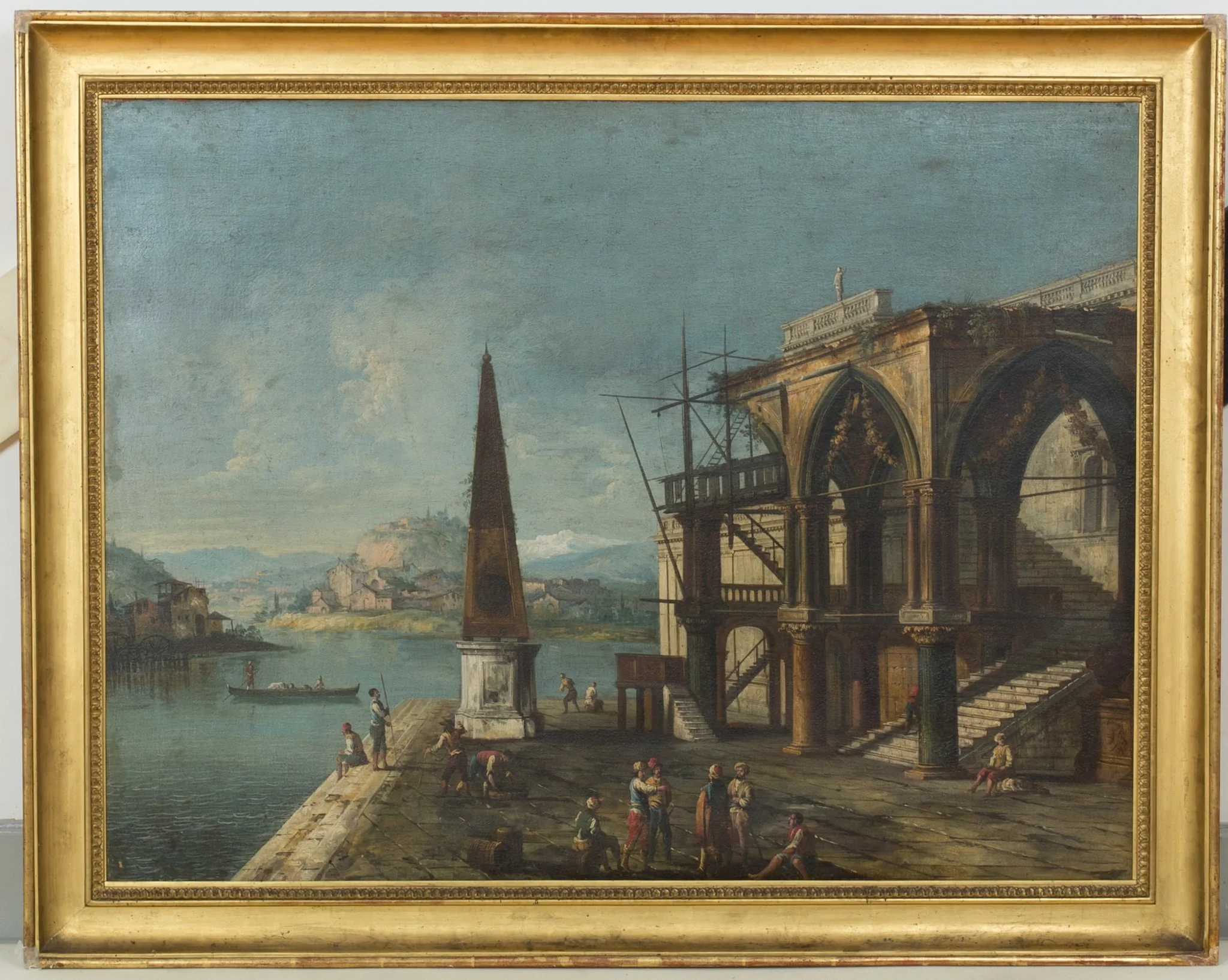 Phantasievedute mit gotischer Loggia und Obelisk Hafenansicht, by Unknown, 1850