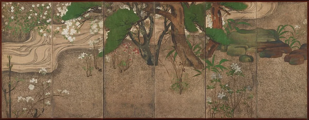 渓流春秋草木図屏風|Spring Trees and Grasses by a Stream