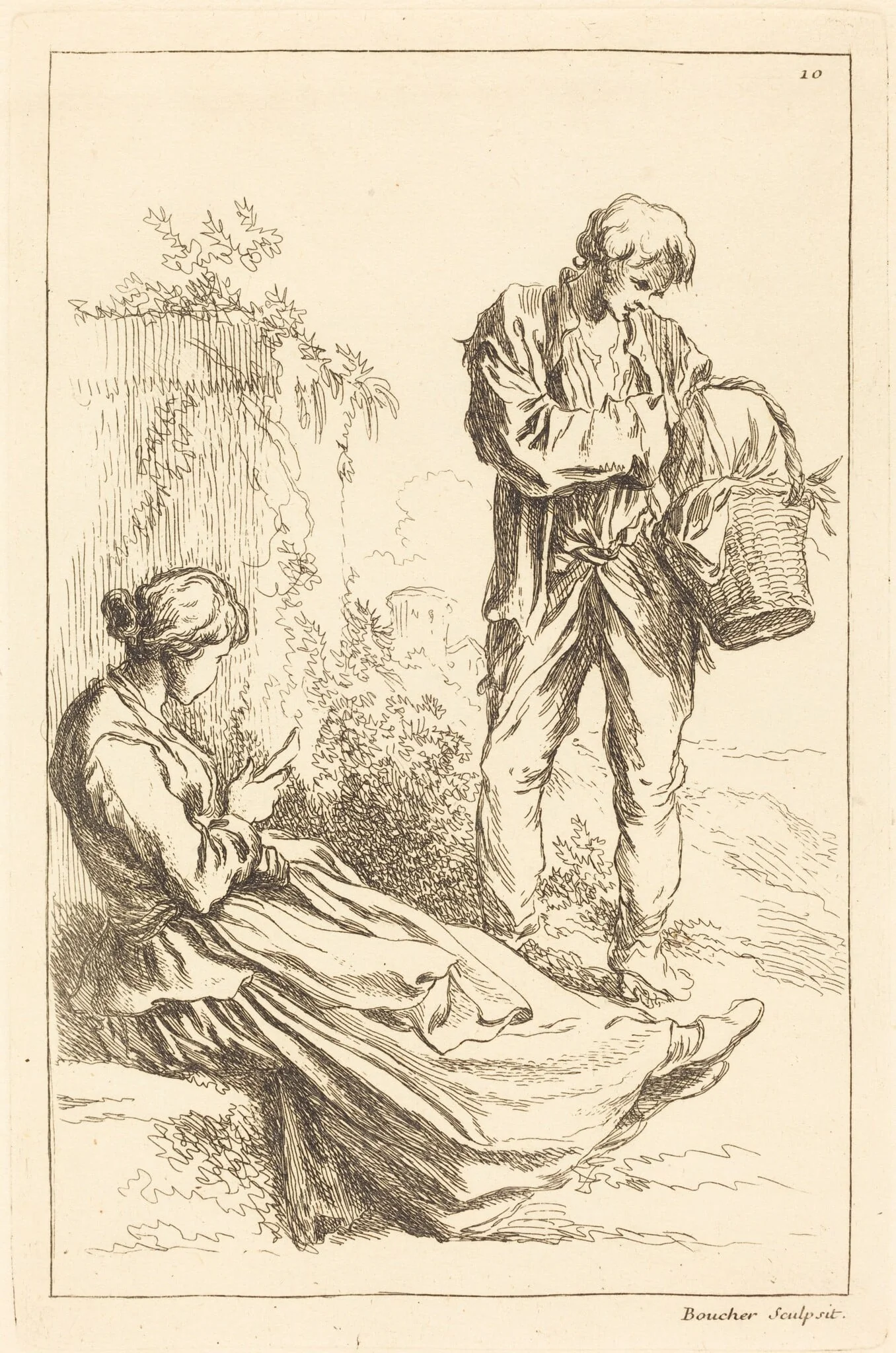 Seated Woman with Peasant Boy Holding a Basket, by François Boucher, ink, 1735