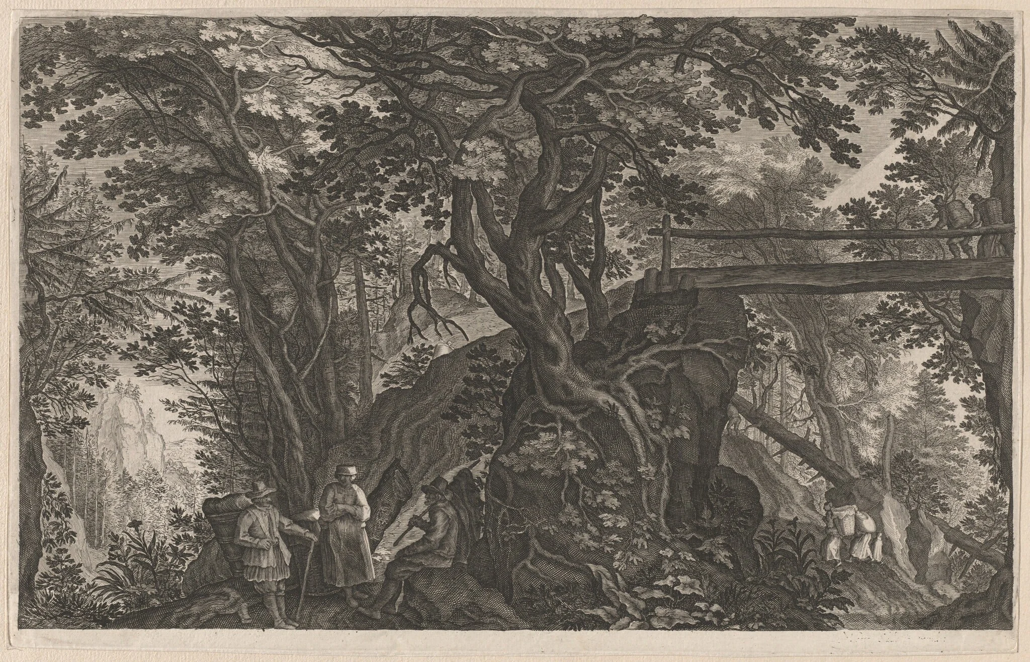 Travelers Resting in a Mountain Forest by a Log Bridge, by Aegidius Sadeler II, ink, 1608