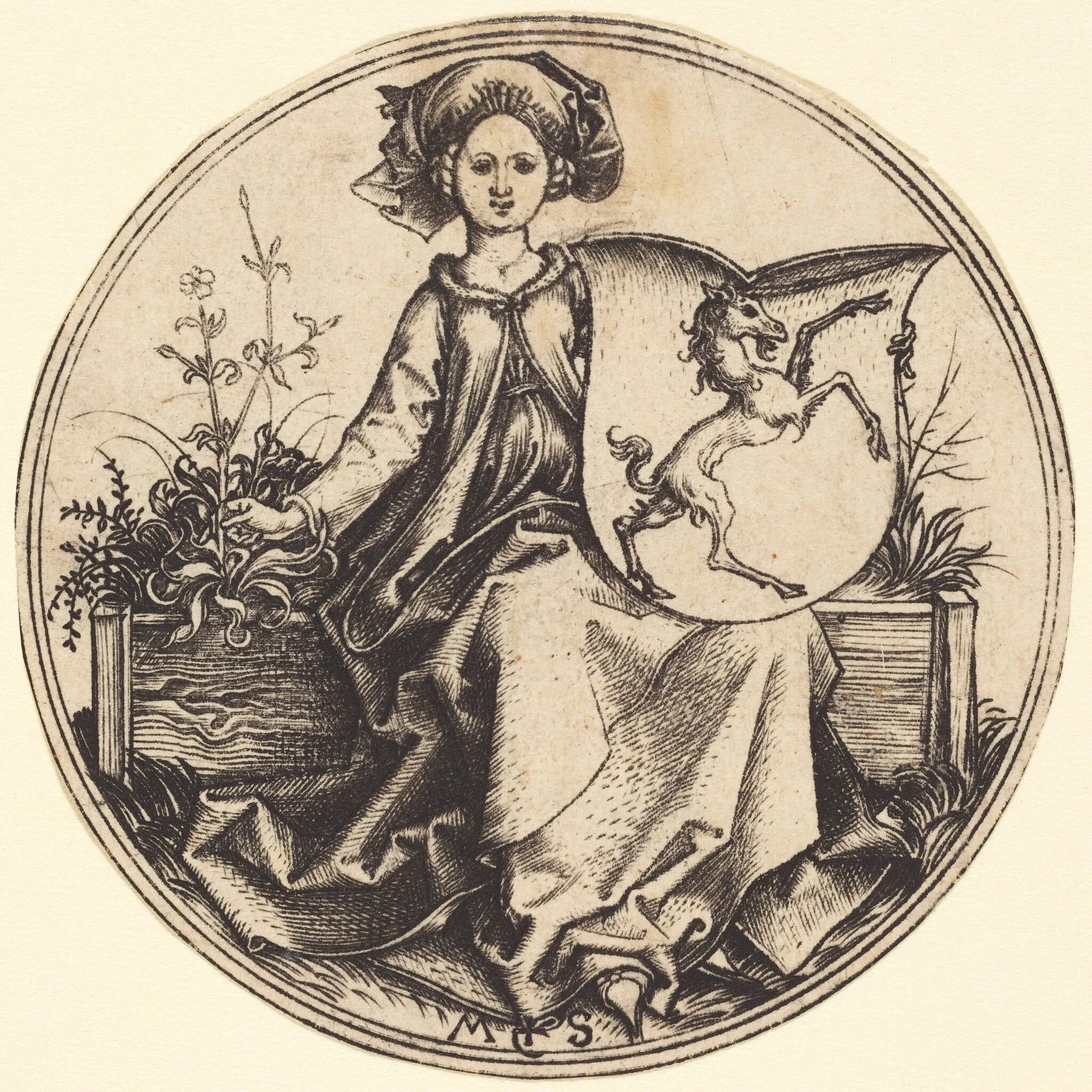 Shield with Unicorn, Held by Woman, by Martin Schongauer, ink, 1485