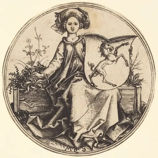 Shield with Unicorn, Held by Woman