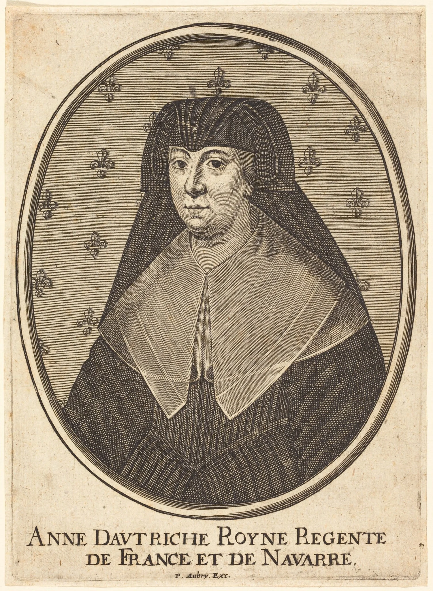 Anne of Austria, by Pierre Aubry, ink, 1648