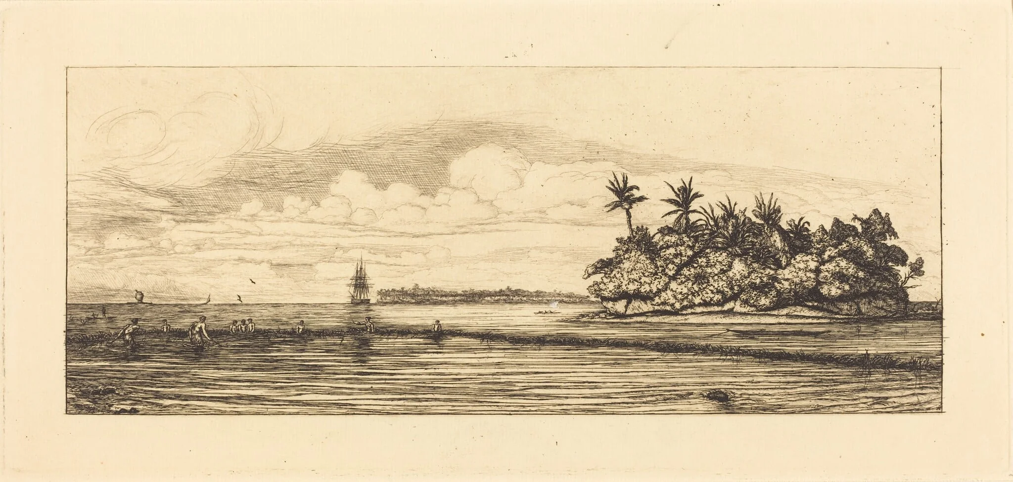 Océanie, ilots à Uvea (Wallis); Peche aux palmes, 1845 (Oceania: Fishing, Near Islands with Palms in the Uea or Wallis Group), by Charles Meryon, ink, 1863