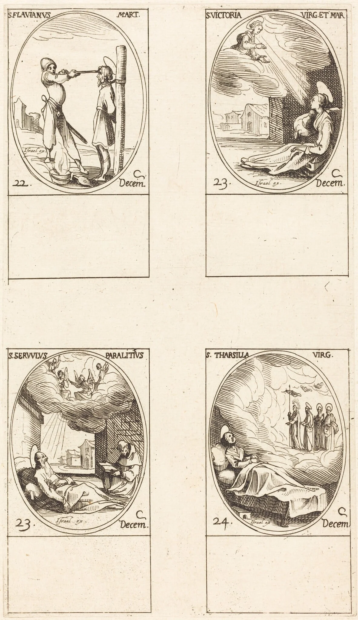 St. Flavian; St. Victoria; St. Servulus; St. Tharsilla, by Jacques Callot, ink, 1634