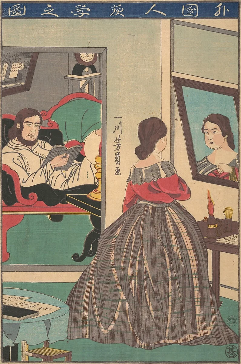 Gaikokujin yoru benkyo no zu|Foreigners Studying at Night, by Utagawa Yoshikazu, ink, 1861