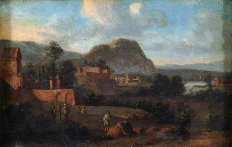 Landscape with Buildings and Figures, by Isaac de Moucheron, oil, 1715