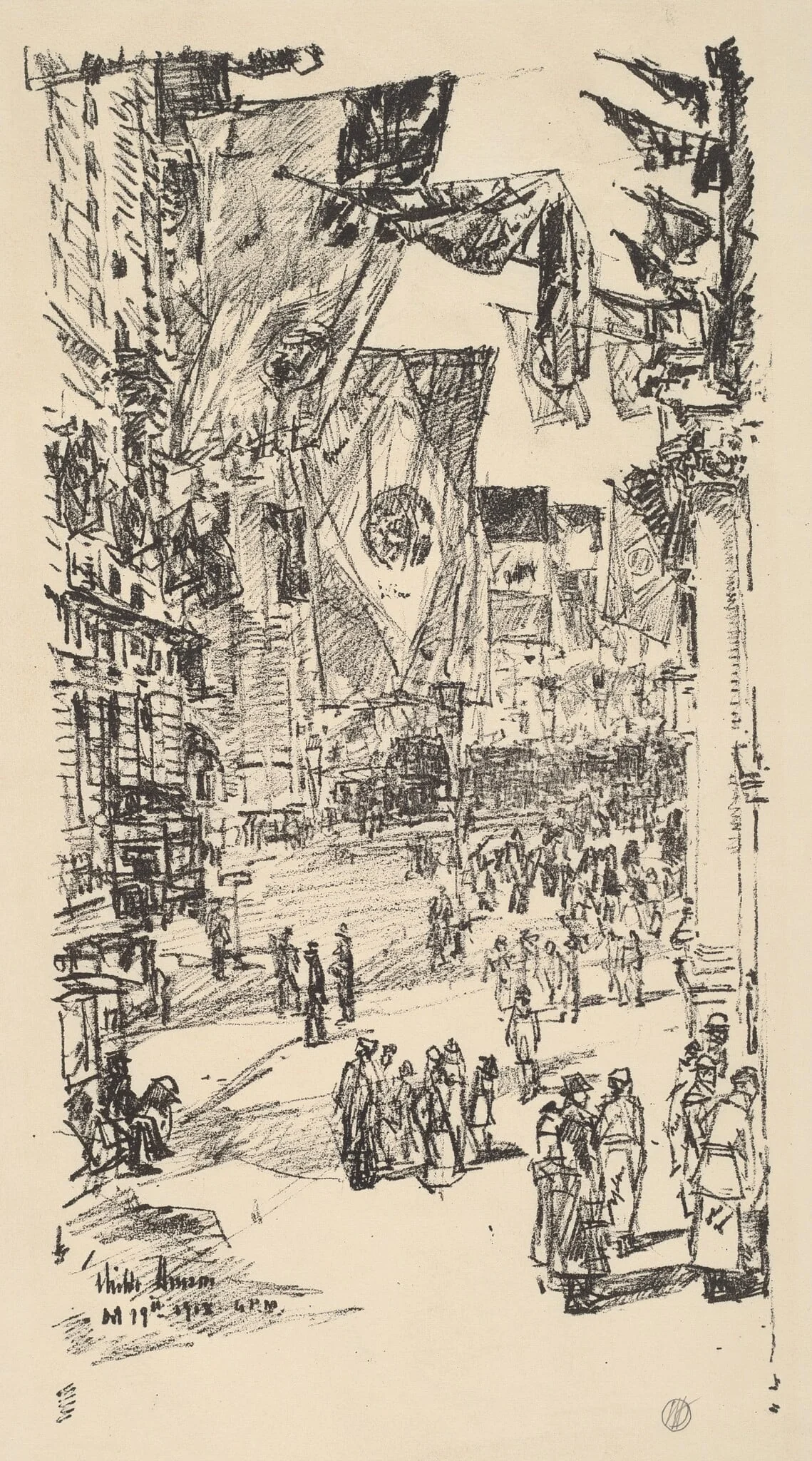 Avenue of the Allies, by Childe Hassam, ink, 1918