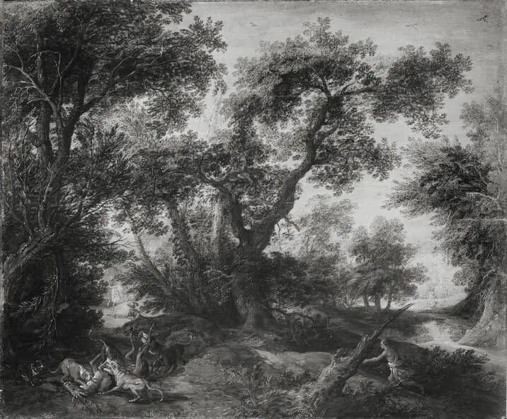 Wooded landscape with a deerhunt
