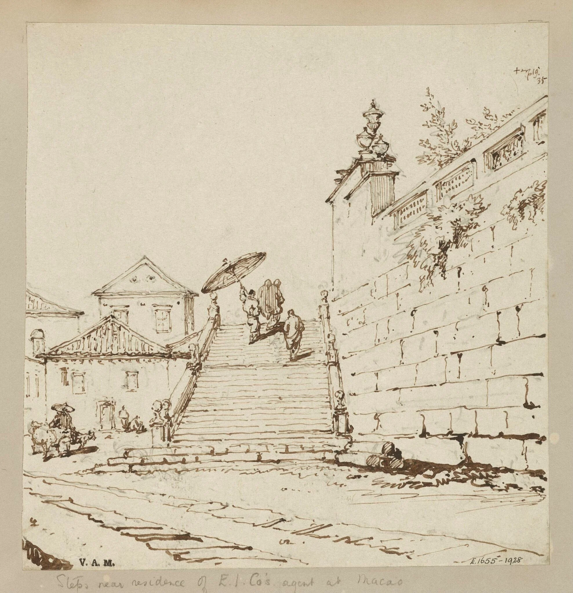 The steps and wall of S. Lourenço Church, Macau, by George Chinnery, 14