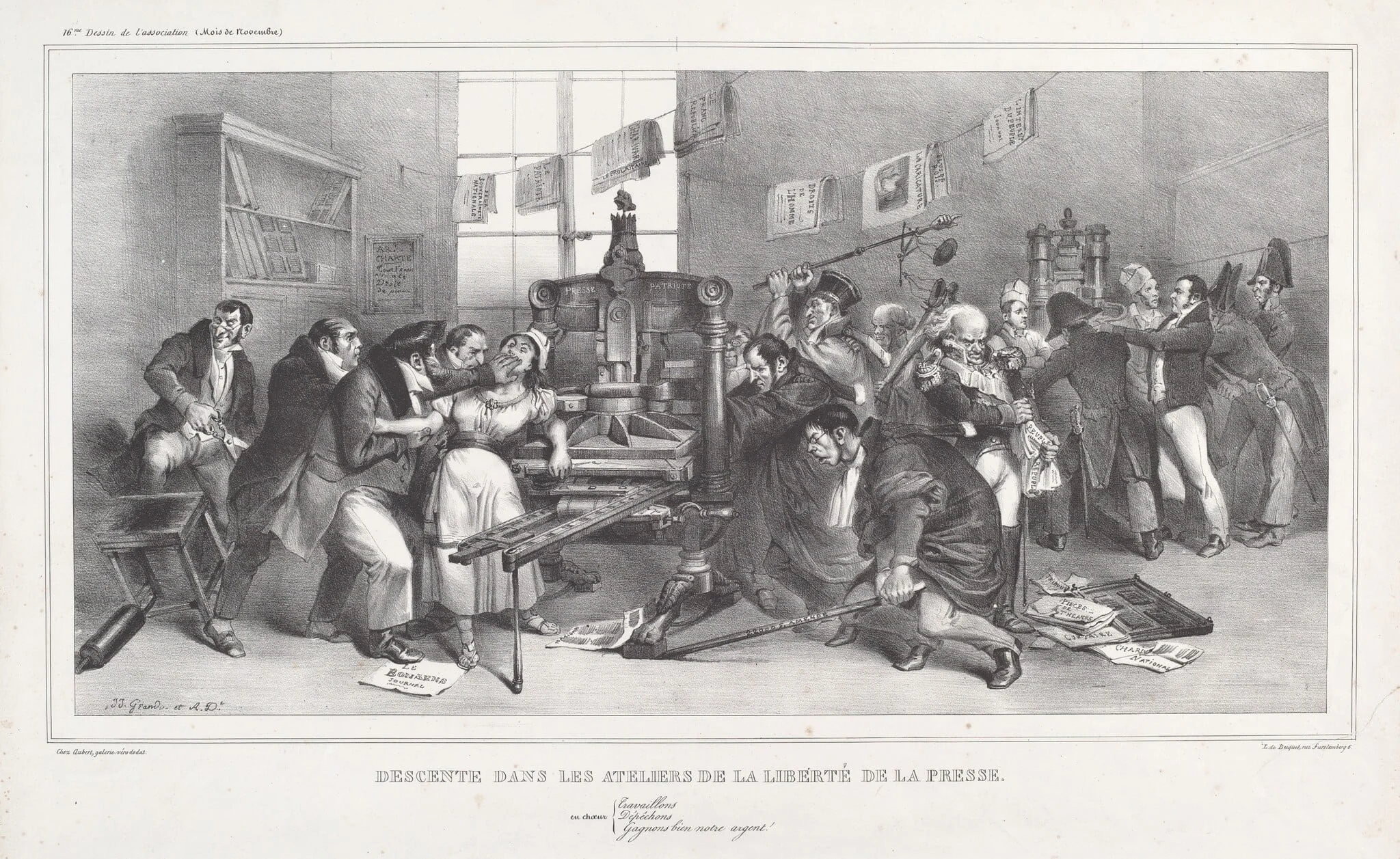 Descente dans les Ateliers de la Liberté de la presse (Raid on the Workshops of the Freedom of the Press), by Jean-Ignace-Isidore Grandville, ink, 1833