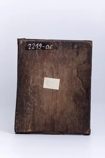 Sfânta Mare Cuvioasă Parascheva de la Iași are o cruce și ramură de finic verde, nuanța algelor în mâna dreaptă. Este îmbrăcată în veșmânt roșu vermillon-corai cu interiorul căptușit cu verde-mușchi de pădure și bordură galbenă-chihlimbar. Sacosul este alb-crem cu danteluță, guleraș și dungi. Sfânta Cuvioasă are părul negru lung, lăsat pe umeri, coroană roșie-roz cu verde-brad și aureolă brun-bronzie. Fondul icoanei este cerul albastru cobalt în registrul superior-mijloc și un câmp alb-crem, ancadrator întregii compoziții. Întreaga compoziție iconografică este încadrată de un chenar decorativ fitomorf, format dintr-o ghirlandă de 5 ruje mari orange-cărămizii cu frunze verzi. Cromatica este armonioasă: roșu vermillon-orange, corai, albastru cobalt-ceruleum, verde alge, mușchi de pădure, bej-crem, bronziu, galben-solar, negru, alb zinc. Icoana este din Nordul Transilvaniei, Nicula.