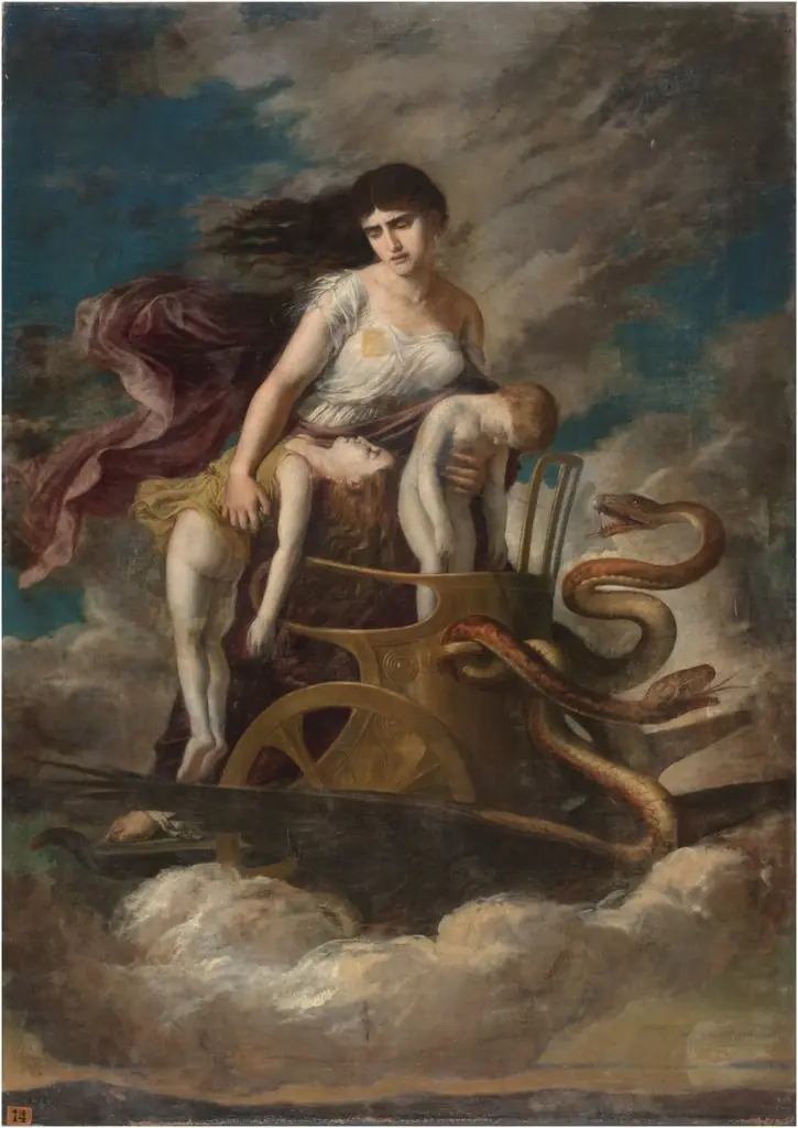 Medea con los hijos muertos huye de Corinto en un carro tirado por dragones
