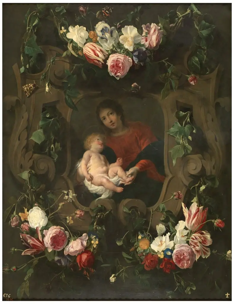 Flower garland around the Virgin and Child
