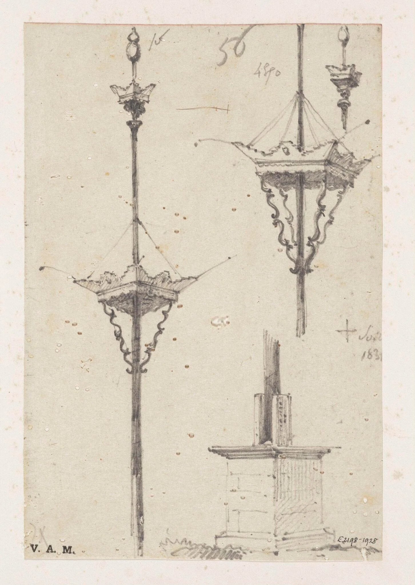 Mastheads and a mast base, by George Chinnery, 4