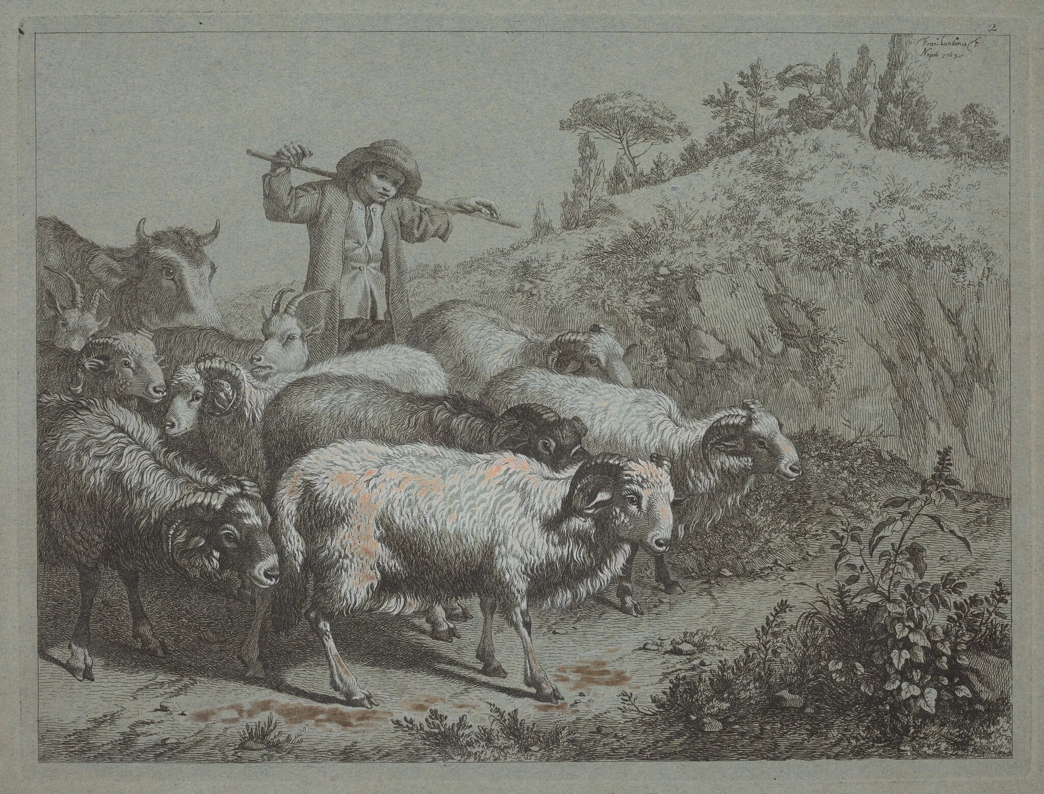 Shepherd with his Flock, by Francesco Londonio, gouache, 1753