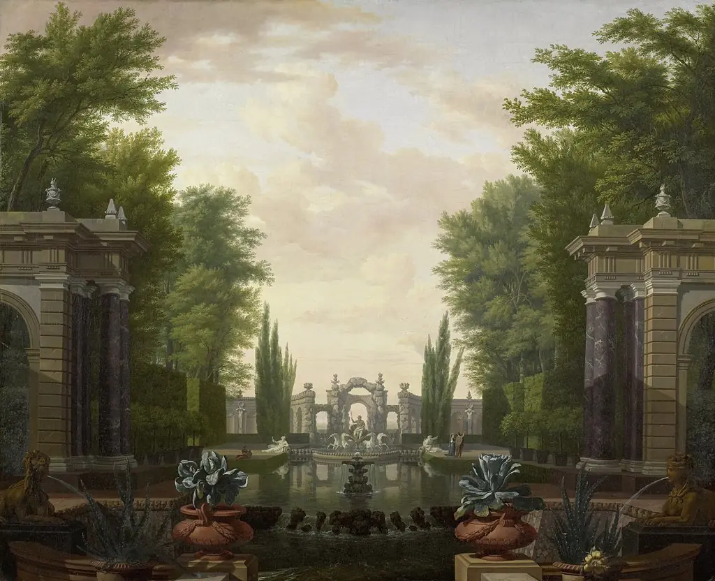 Statues and buildings on the water in a park