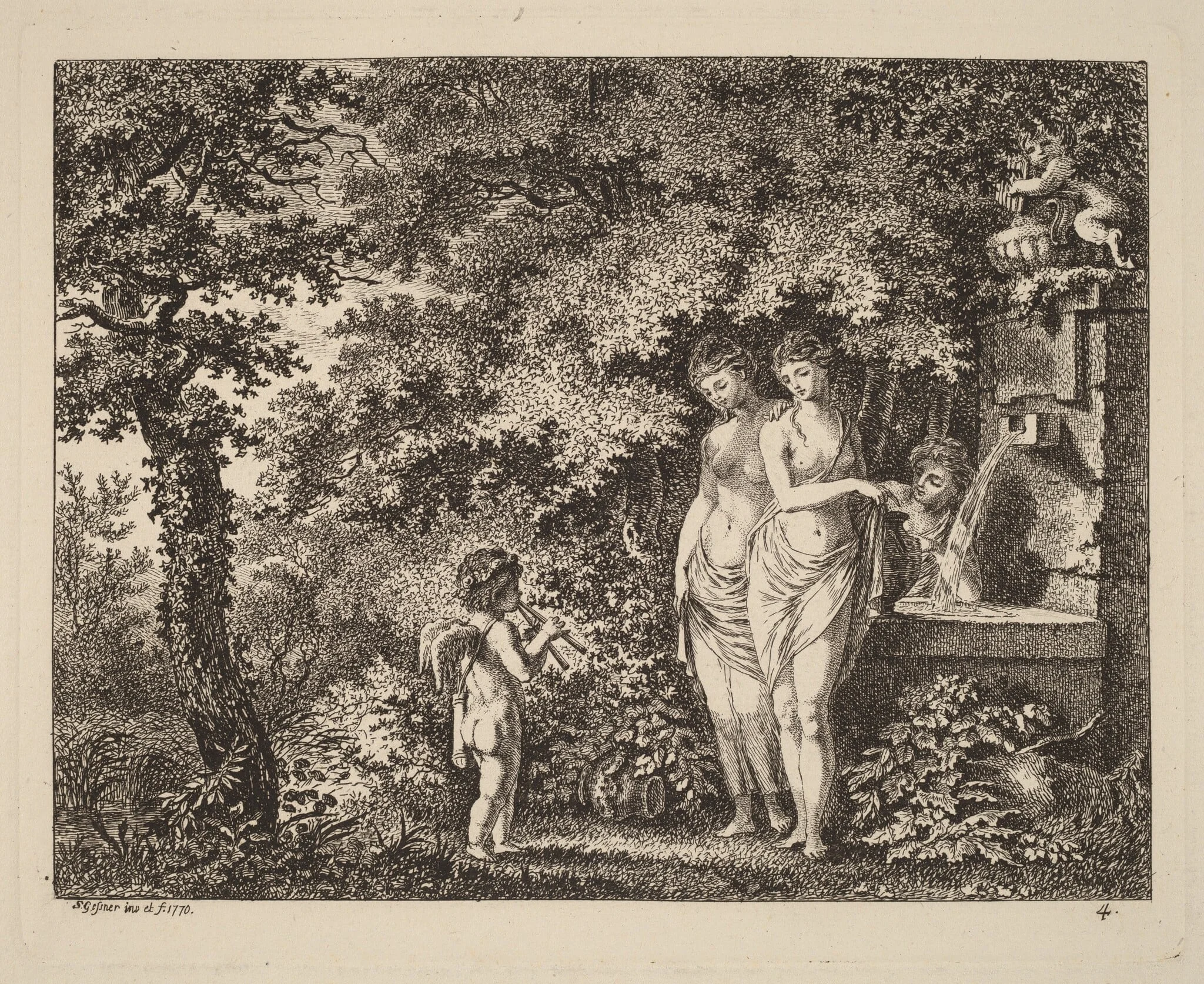 Eros with Three Girls at a Fountain, by Salomon Gessner, ink, 1770