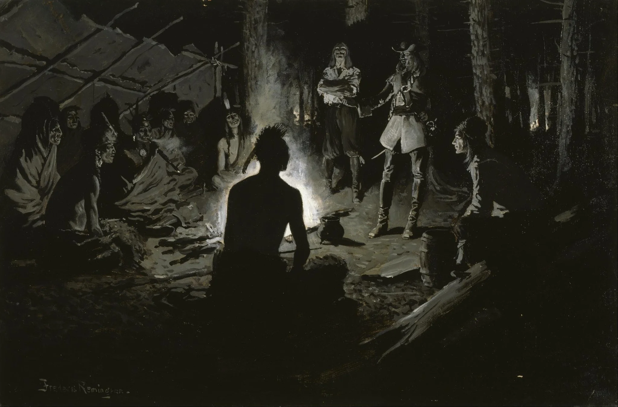French Explorer's Council with the Indians, by Frederic Remington, oil, 1901