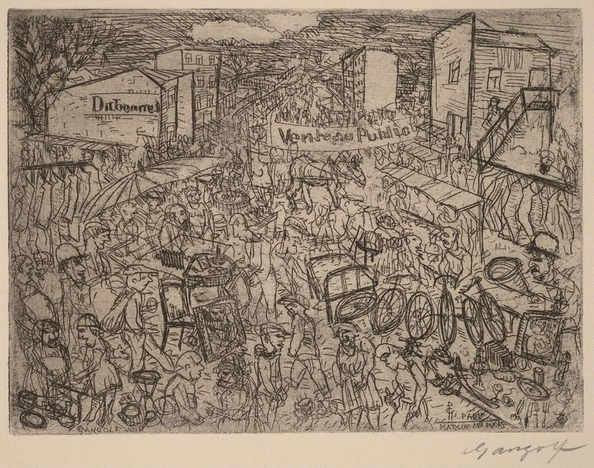 PARIS MARCHÉ AUX PUCES (Paris Flea Market), by Paul Gangolf, ink, 1927