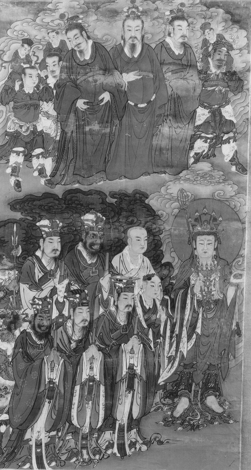 Bodhisattva et deux groupes de personnages
