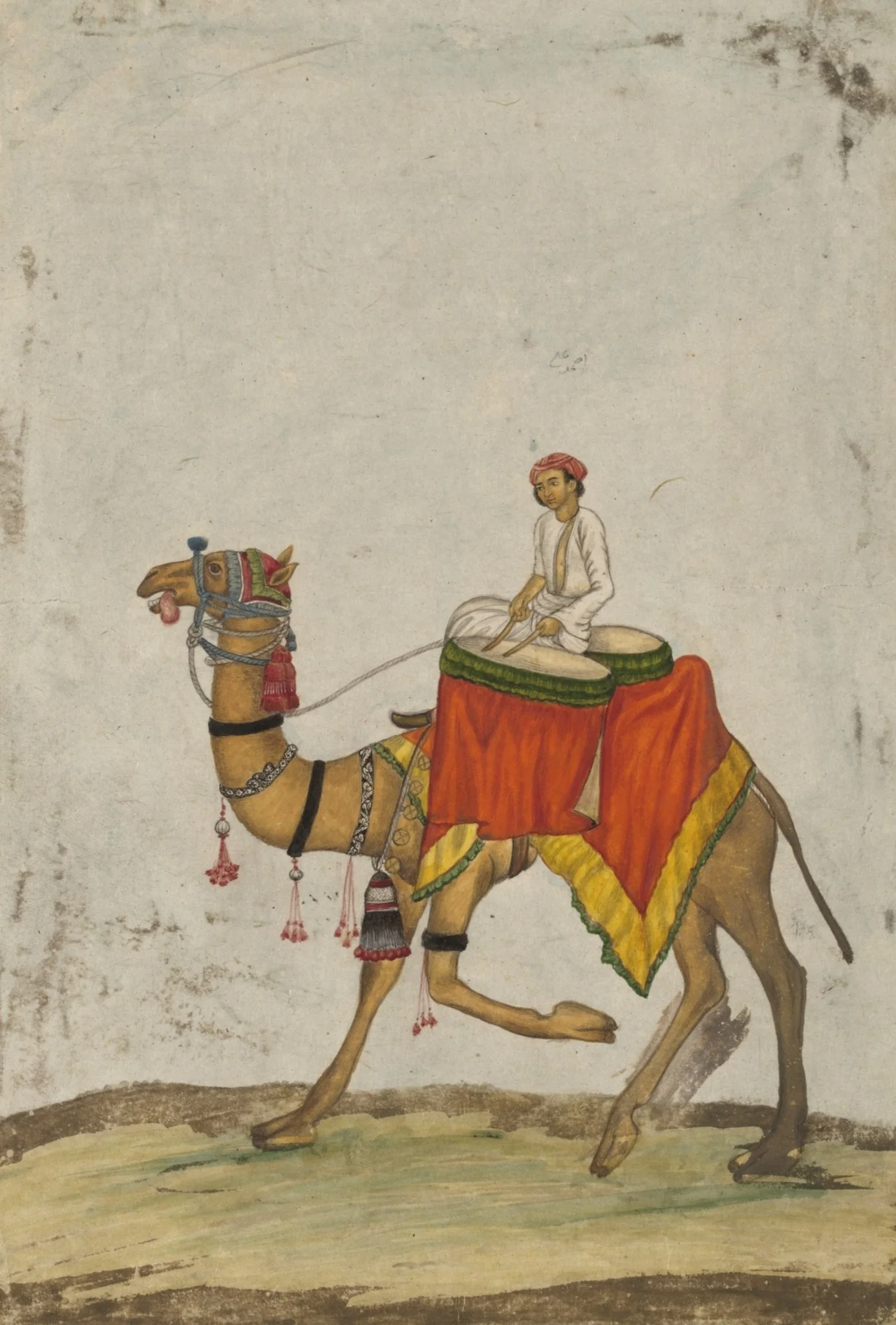 A camel with its rider playing kettle drums, by Mazhar Ali Khan, gouache, 1840