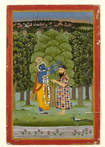 Krishna adorning the hair of a holy man