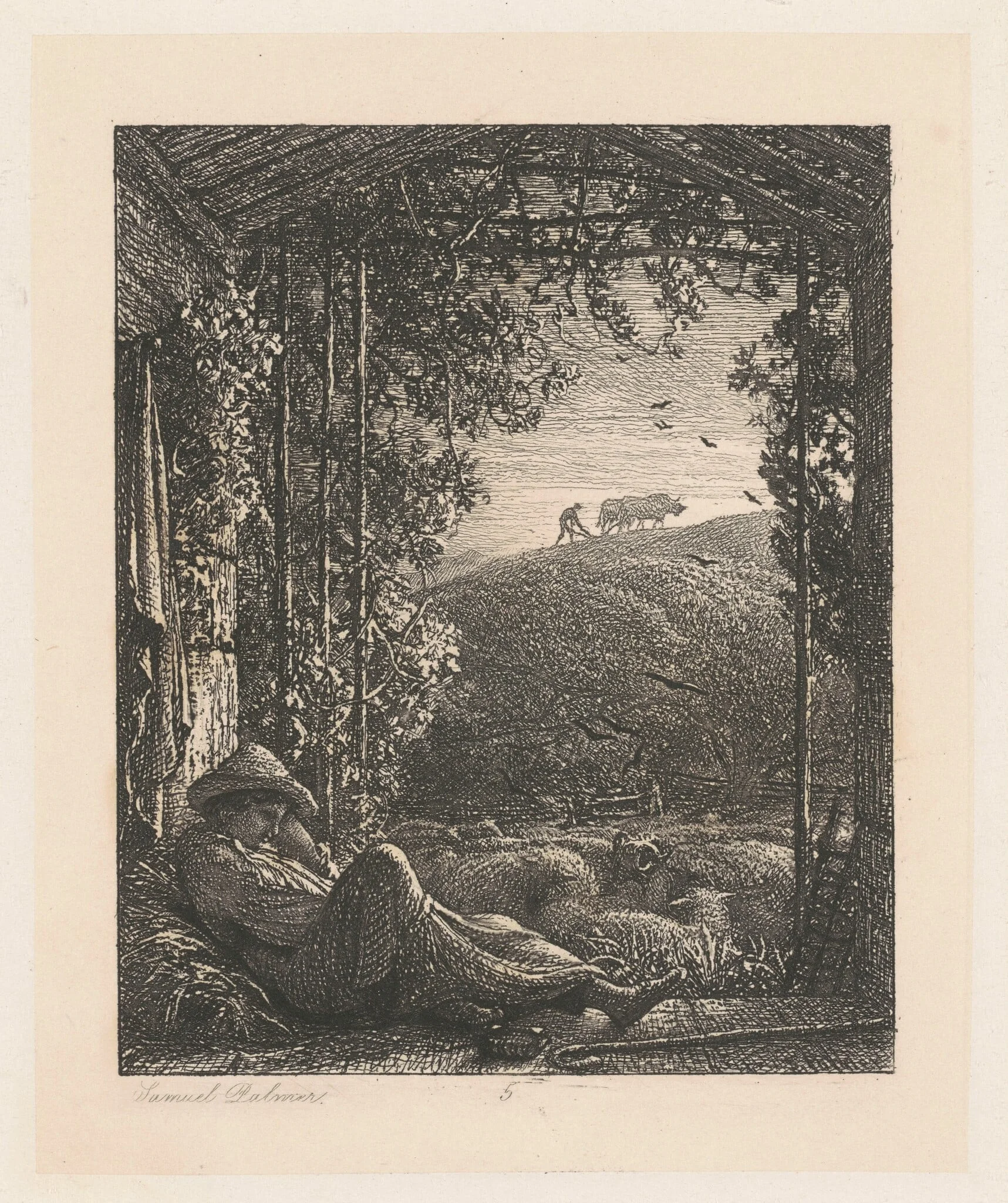 The Sleeping Shepherd, by Samuel Palmer, ink, 1857