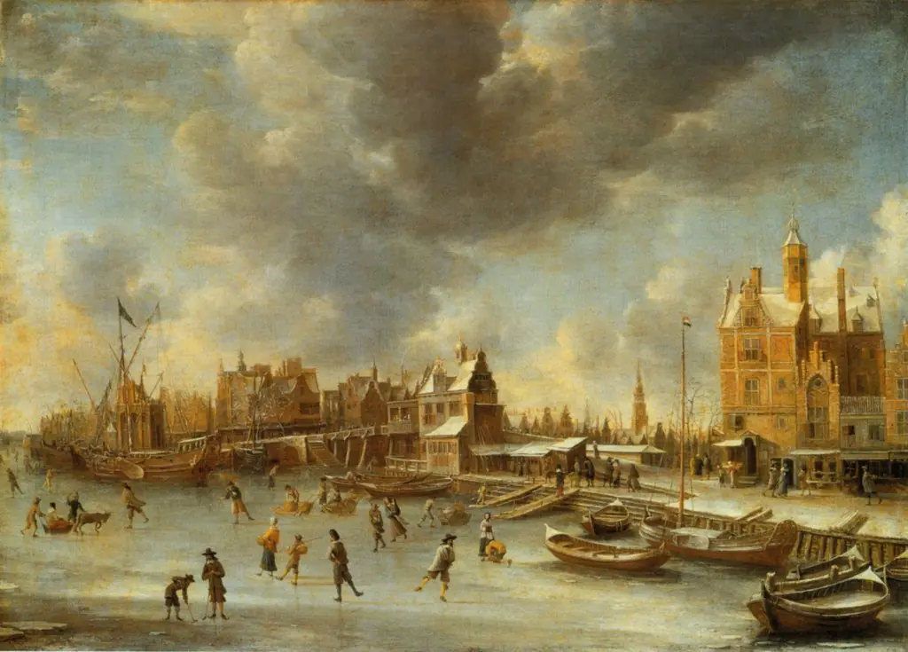 Skaters on the Y in front of Paalhuis and the Nieuwe Brug in Amsterdam