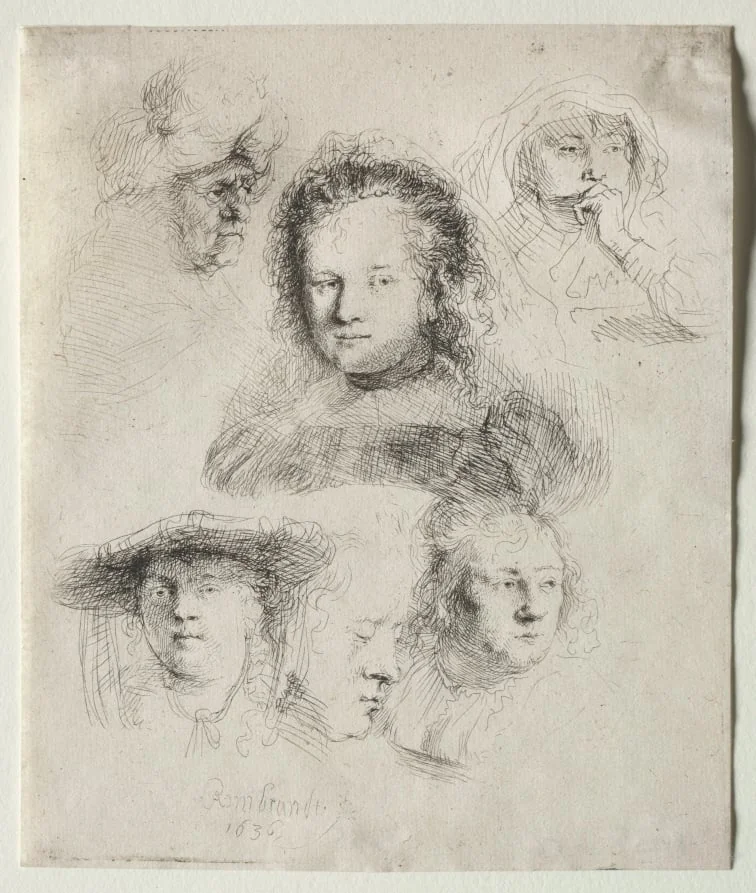 Studies of the Head of Saskia and Others, by Rembrandt, 1636