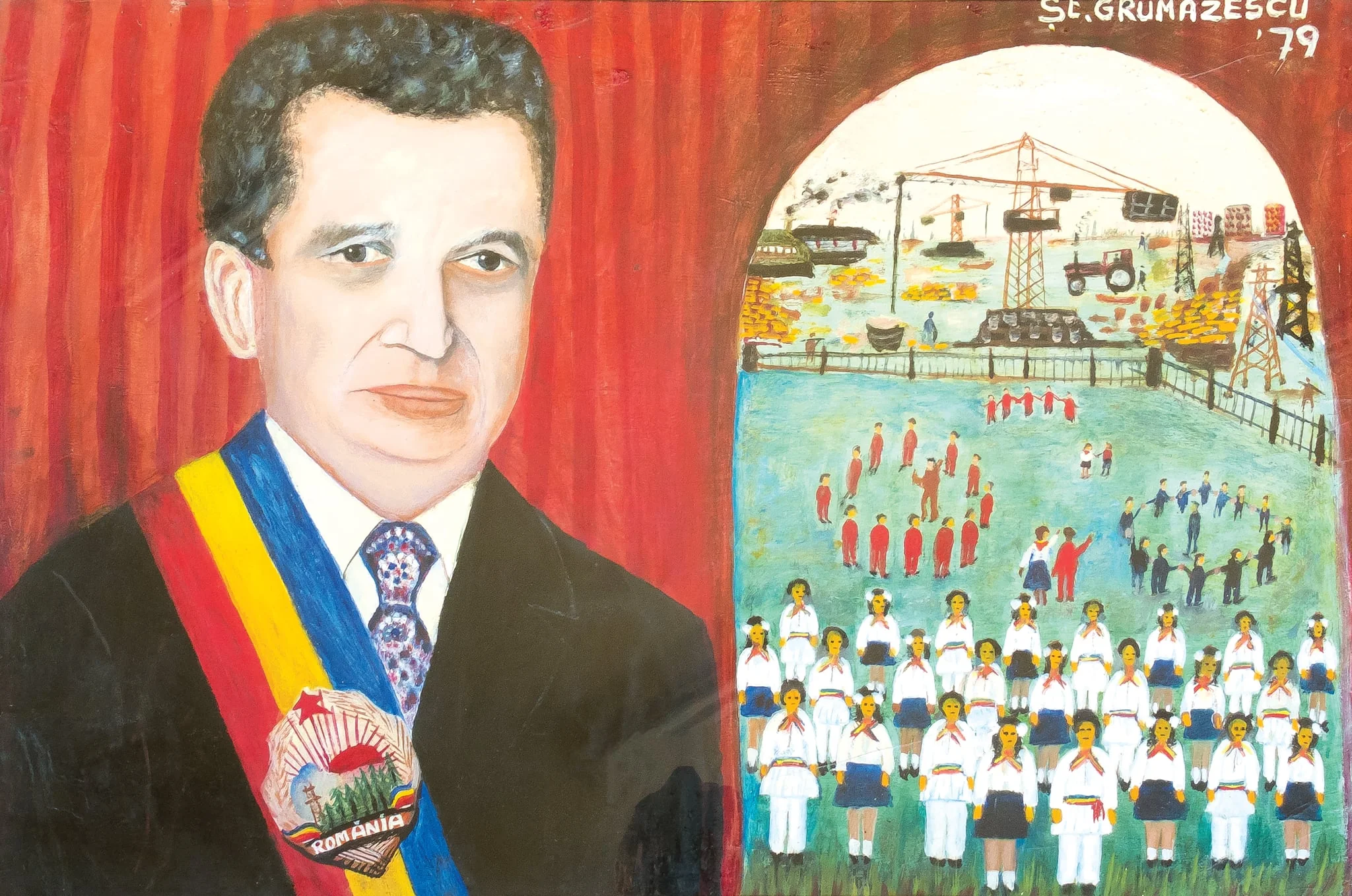 Tablou, ulei pe pânză, Nicolae Ceaușescu și copii, semnat și datat în partea dreaptă sus Șt. Grumăzescu, 1979. Nicolae Ceaușescu este prezentat în partea stângă urmărind o festivitate - pionieri, copii dansând în horă. Maniera de realizare a tabloului este una naivă. Oferit de Ștefan Grumăzescu din București.
