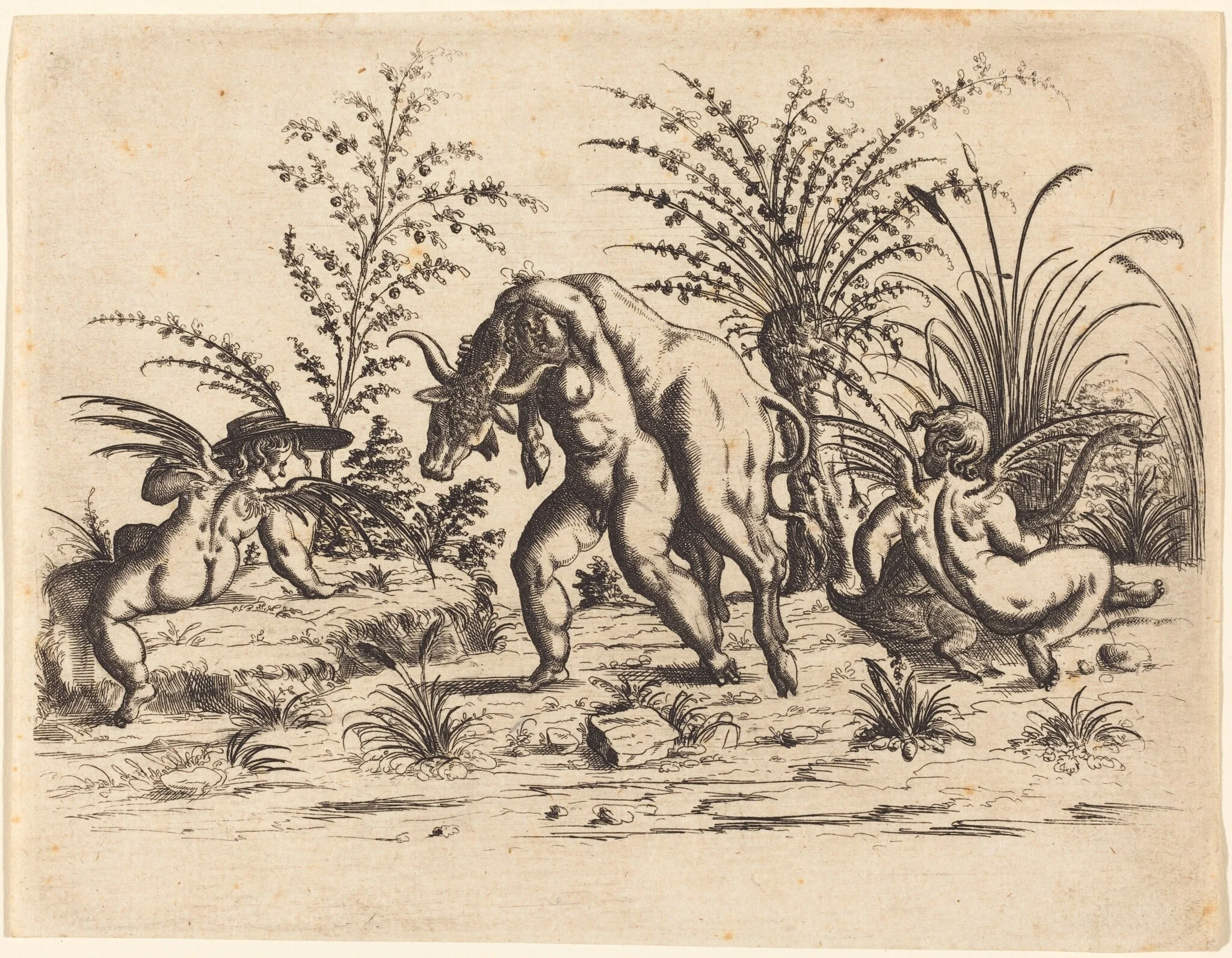 Three Putti with a Dead Bull, by Christoph Jamnitzer, ink, 1610