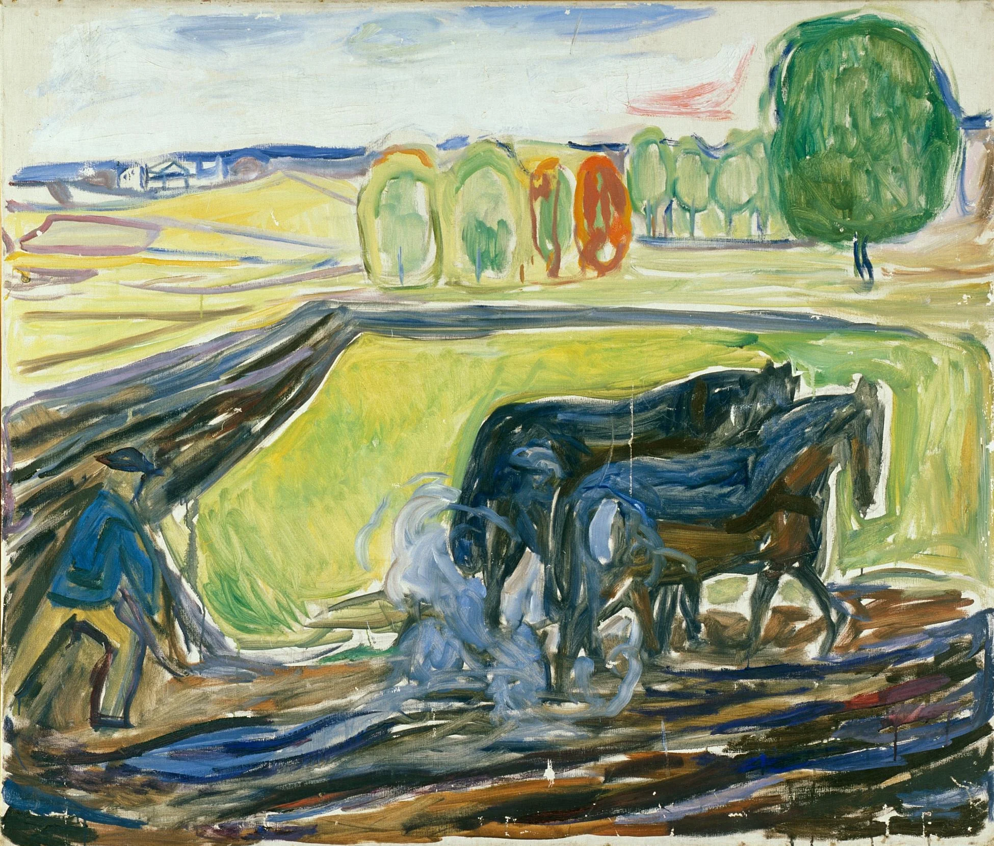 Two Black Horses at the Plough, by Edvard Munch, oil, 1919