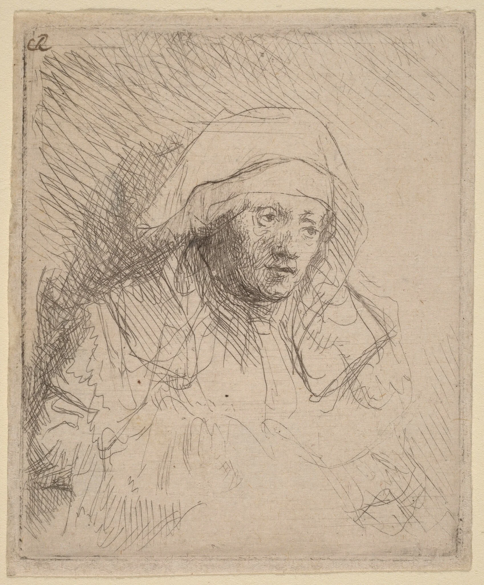 Sick Woman with a Large White Headdress (Saskia), by Rembrandt, ink, 1642