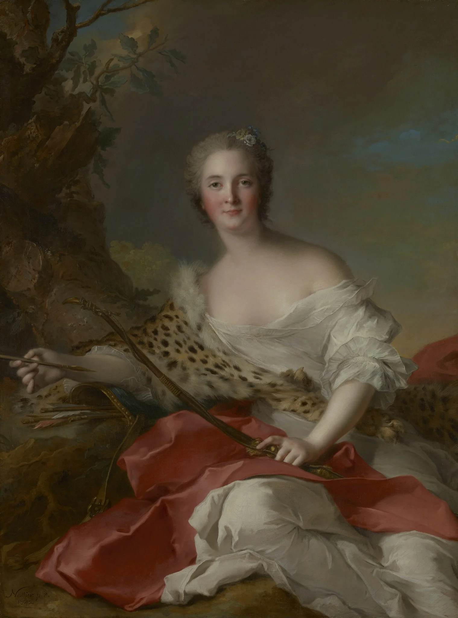 Portrait of Madame Bonnier de la Mosson as Diana (Constance-Gabrielle-Magdeleine du Monciel de Lauraille, by Jean-Marc Nattier, oil, 1742