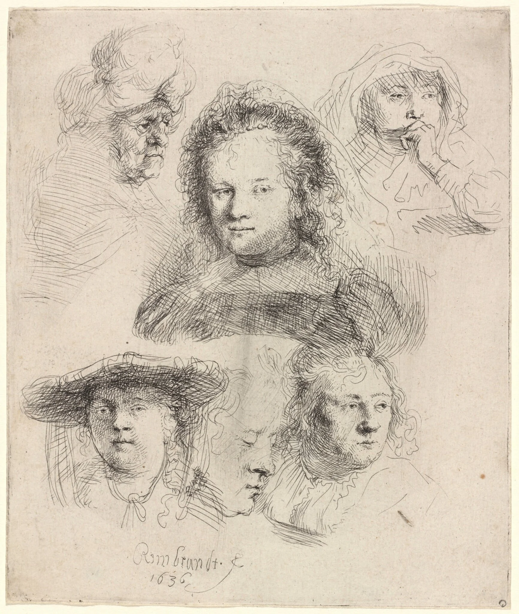 Studies of the Head of Saskia and Others, by Rembrandt, ink, 1636