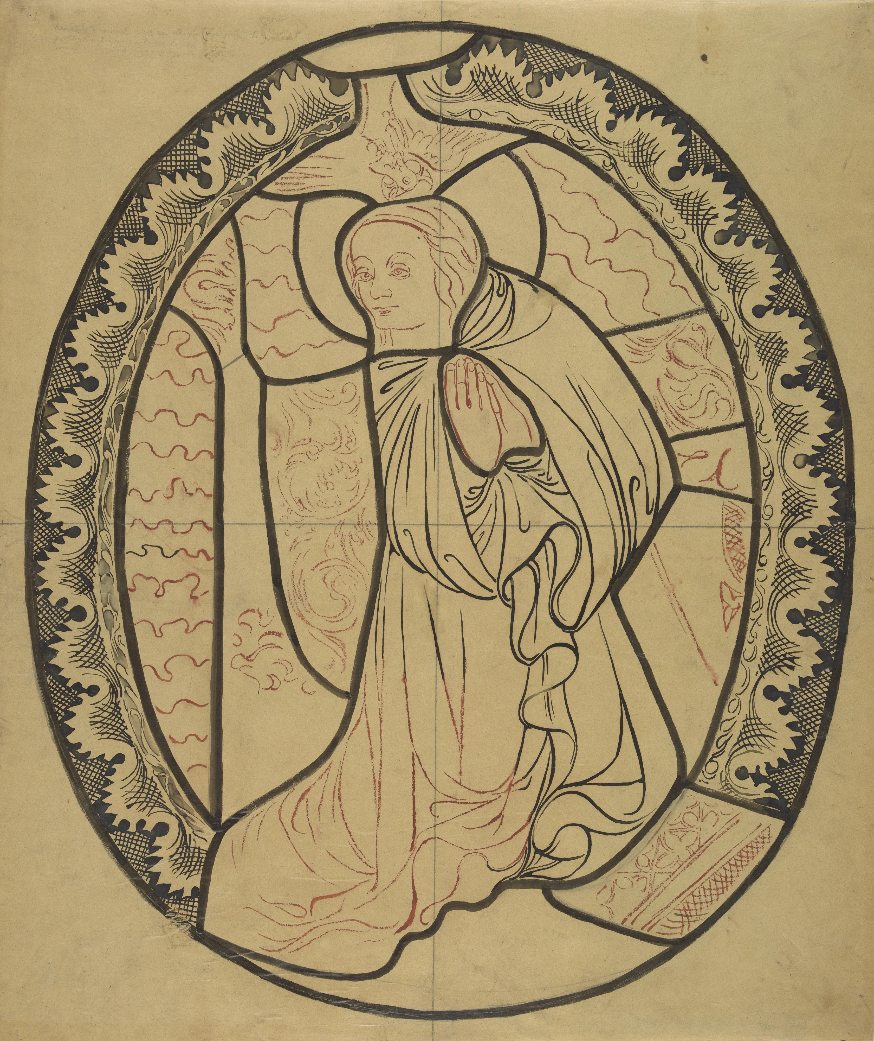 The Blessed Virgin Mary from the scene "Annunciation" (right part). Artistic reconstruction of a stained-glass panel from the Dominican church in Kraków