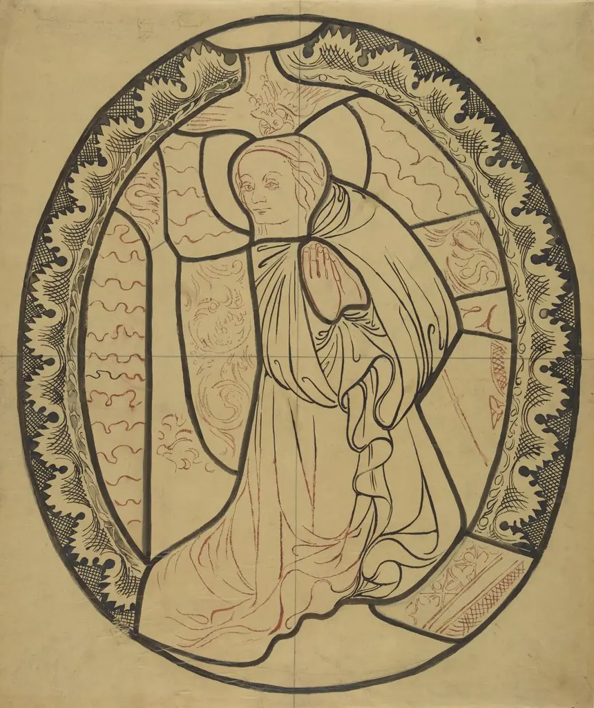 The Blessed Virgin Mary from the scene "Annunciation" (right part). Artistic reconstruction of a stained-glass panel from the Dominican church in Kraków