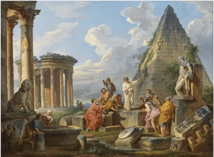 A Capriccio with Saint Paul Preaching to the Romans, with the Temple of Vesta and Pyramid of Caius Cestius, by Giovanni Paolo Panini, oil, 1742