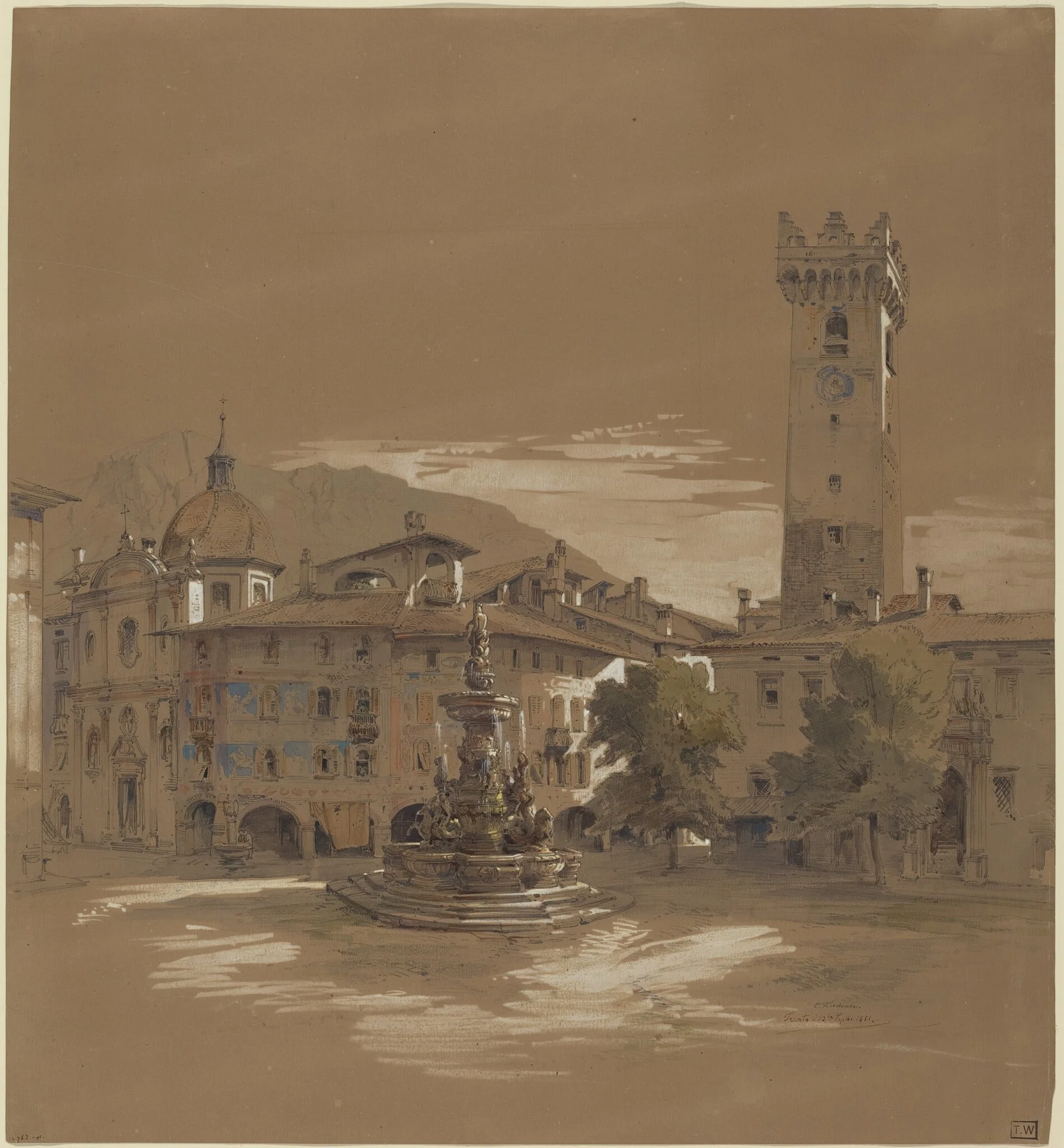 View of Trento, by Albert Emil Kirchner, ink, 1849