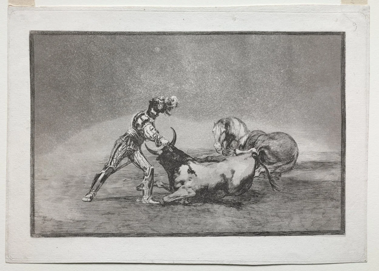 La Tauramaquia:  A Spanish Knight Kills the Bull after Having Lost His Horse, by Francisco Goya, 1816