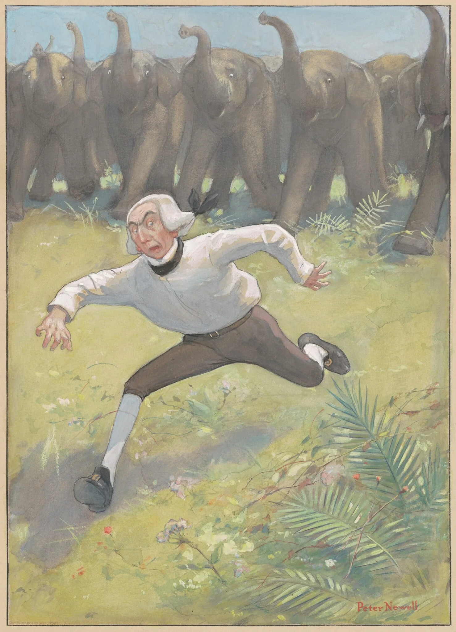 Man Running from Elephants, by Peter Newell, ink, 1901