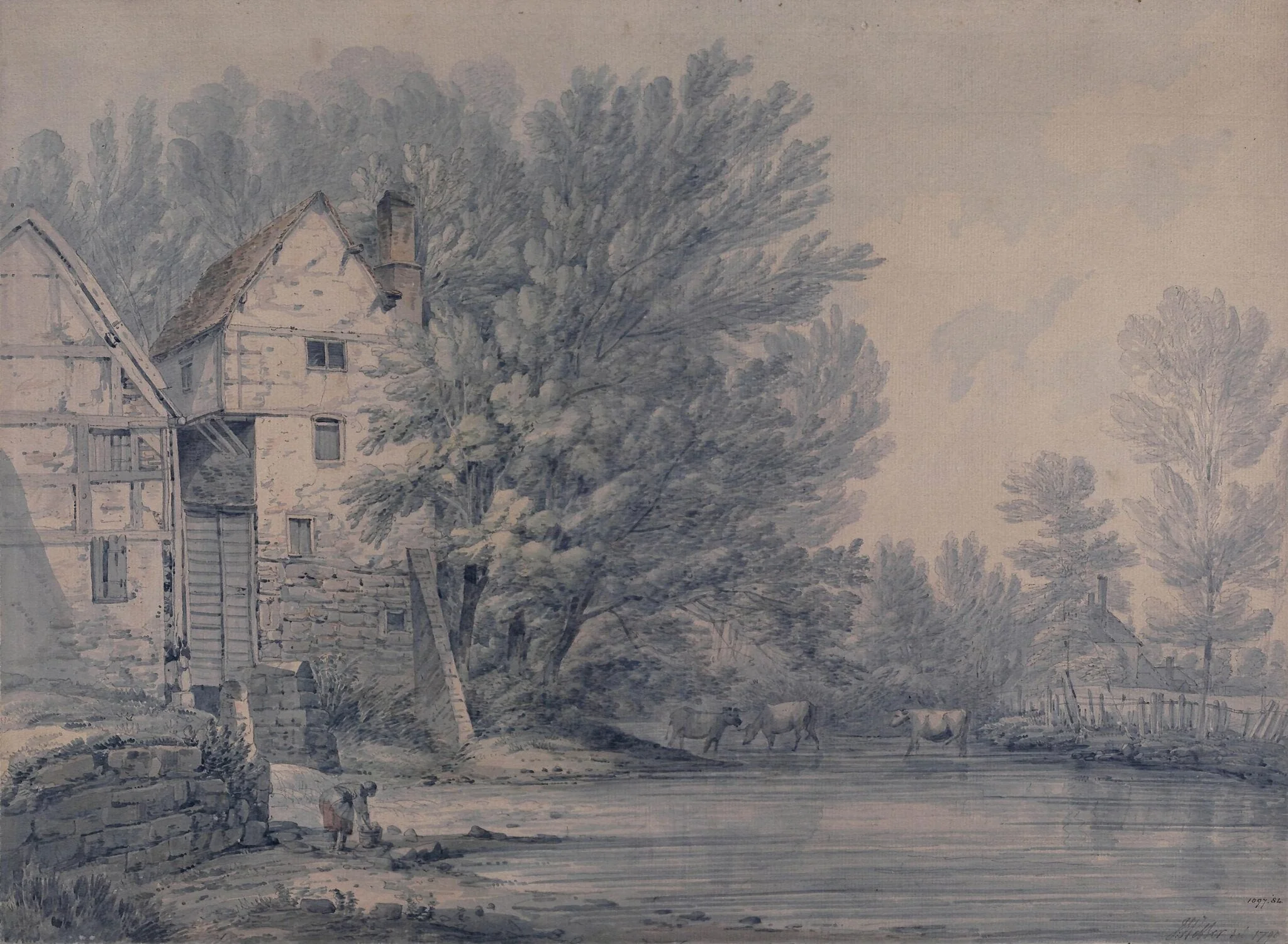 Millpond near Shrewsbury, by John Webber, watercolor, 1790