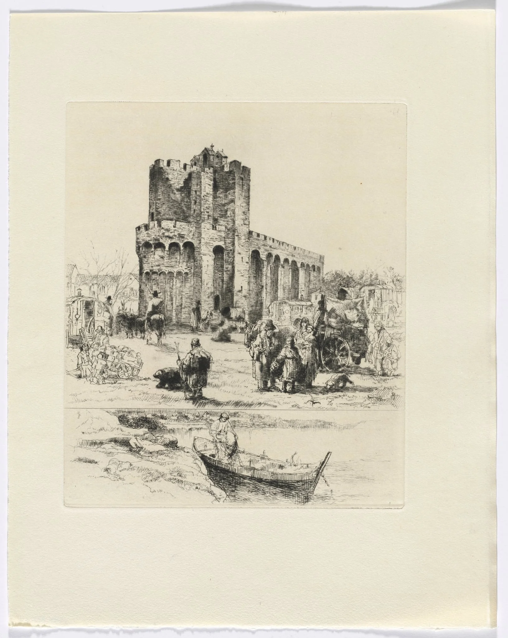 Frédéric Mistral: Mémoires et Recits by Frédéric Mistral: Romanesque church and figures/ man in boat (insert after p. 168), by Auguste Brouet, 1937
