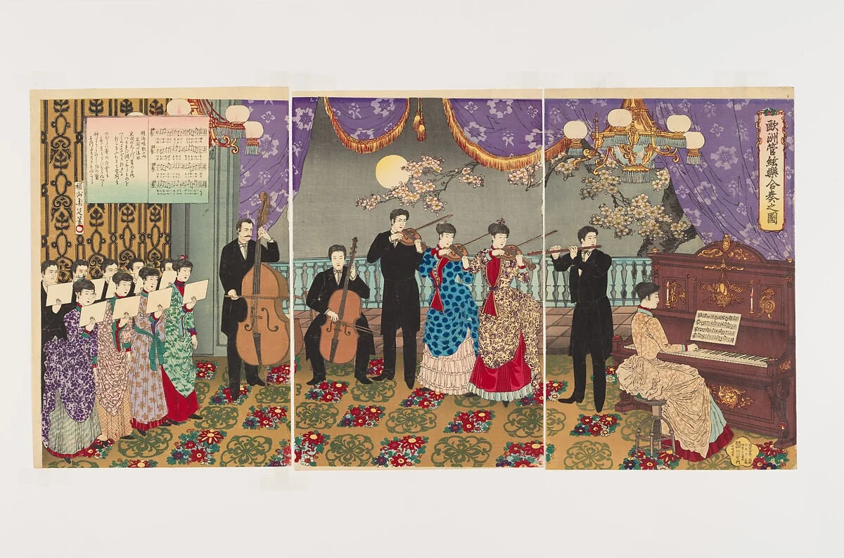 『欧州管絃楽合奏之図』|Concert of European Music (Ōshū kangengaku gassō no zu), by Yōshū (Hashimoto) Chikanobu, ink, 1889