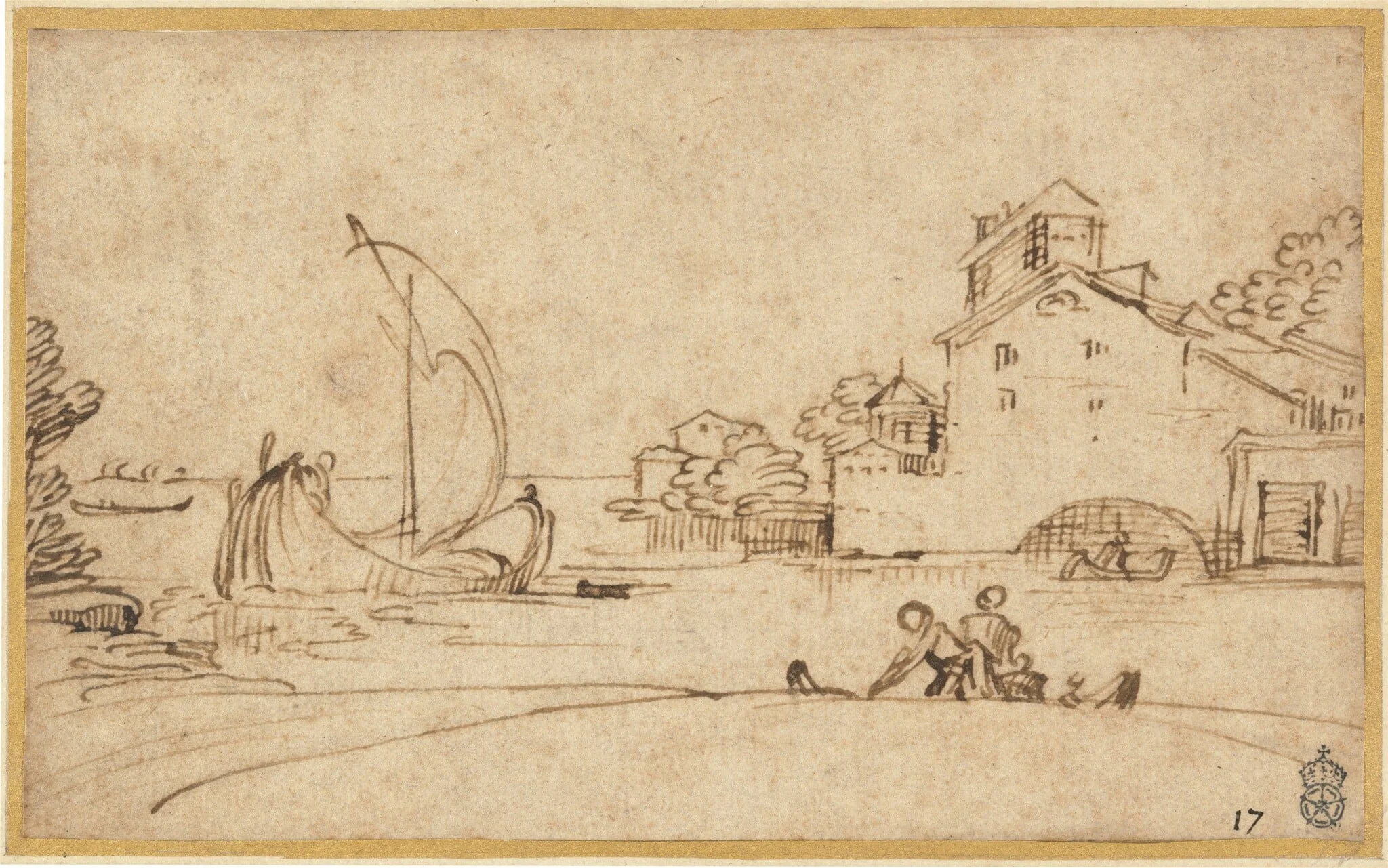 Landscape with Figures by an Estuary with Sailing Boats, by Annibale Carracci, ink, 1592