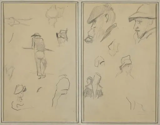 A Man Leaning on a Wall with Five Other Studies; Two Bearded Men Wearing Hats, and Five Other Studies [recto]
