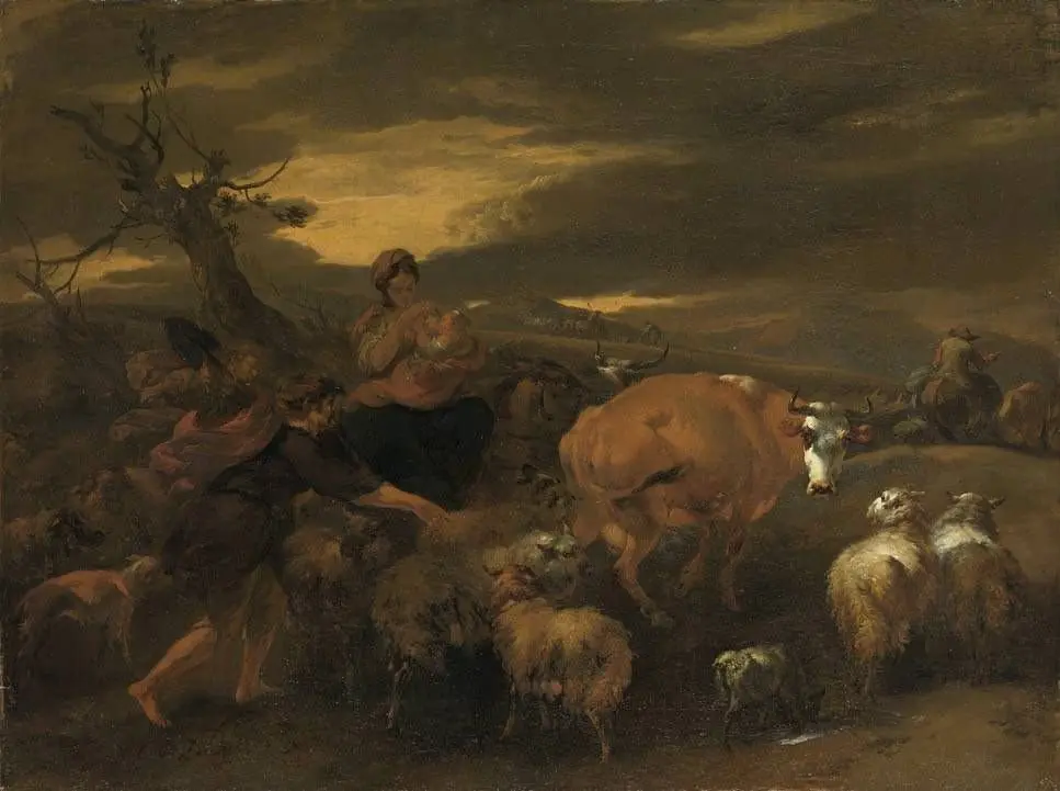 Evening landscape with cattle and shepherds