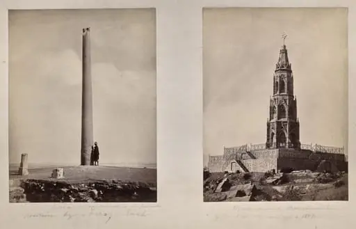 Left: [Ashoka Pillar moved to its present position by Feroz Shah]. Right: Memorial Monument of the British Soldiers in 1859